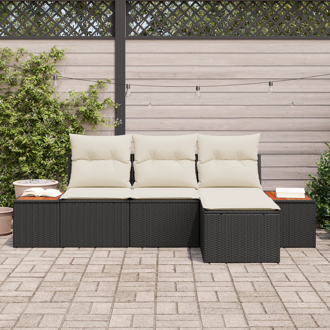 Havesofa Sæt med pude med pude 4 pcs Sort polyrattan