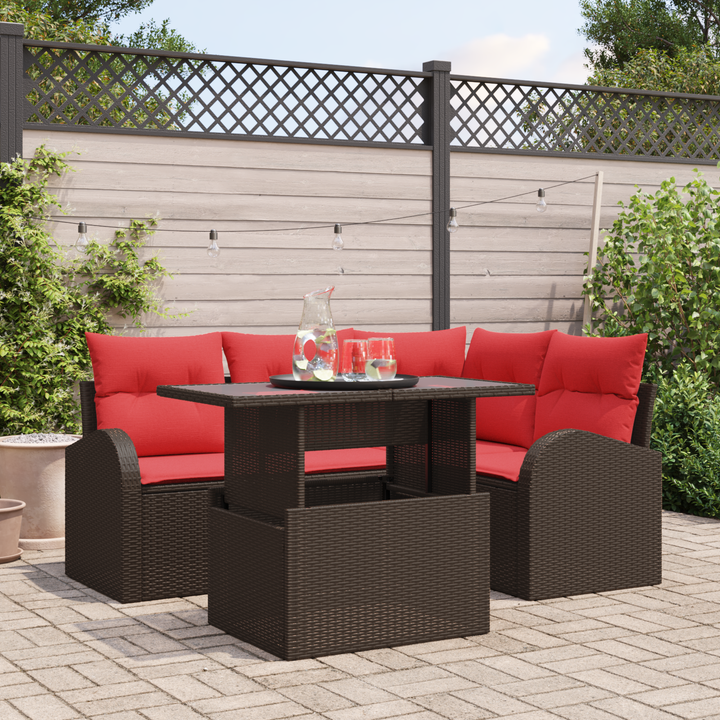 Havesofa Sæt med opbevaring 5 pcs Brun og Rød polyrattan