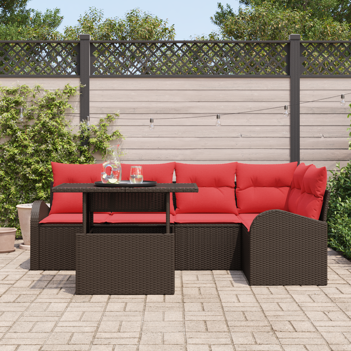 Havesofa Sæt med pude 6 pcs Brun og rød polyrattan
