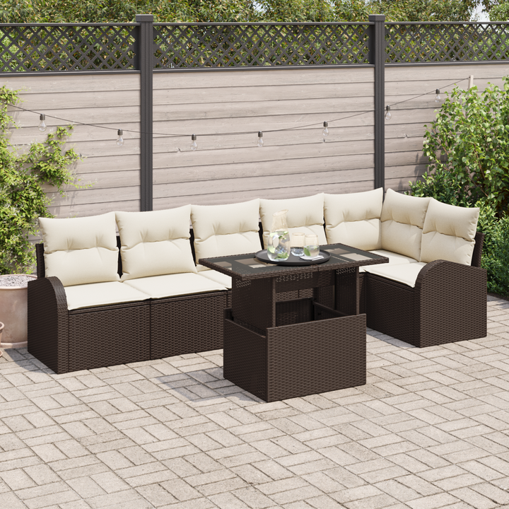 Havesofa Sæt med pude 7 pcs Brun og cremefarvet polyrattan