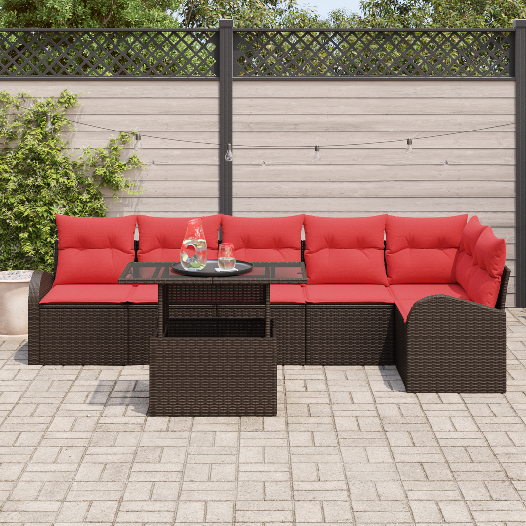 Havesofa Sæt med opbevaring 7 pcs Brun og Rød polyrattan