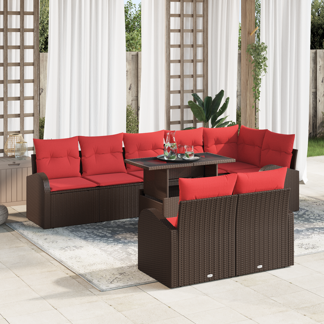 Havesofa Sæt med opbevaring 9 pcs Brun og Rød polyrattan