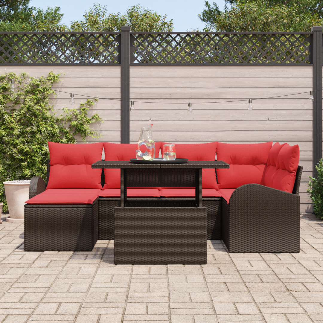 Havesofa Sæt med opbevaring 7 pcs Brun og Rød polyrattan