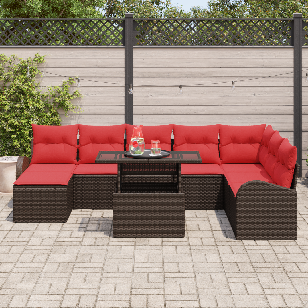 Havesofa Sæt med opbevaring 9 pcs Brun og Rød polyrattan