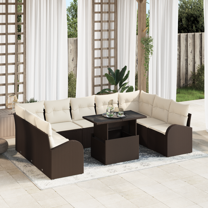 Havesofa Sæt med opbevaring 10 pcs Brun og Creme polyrattan
