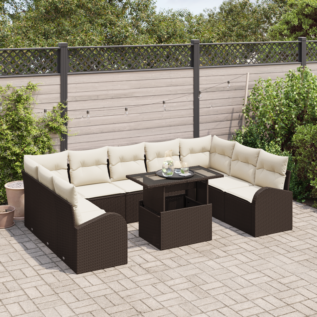 Havesofa Sæt med opbevaring 10 pcs Brun og Creme polyrattan