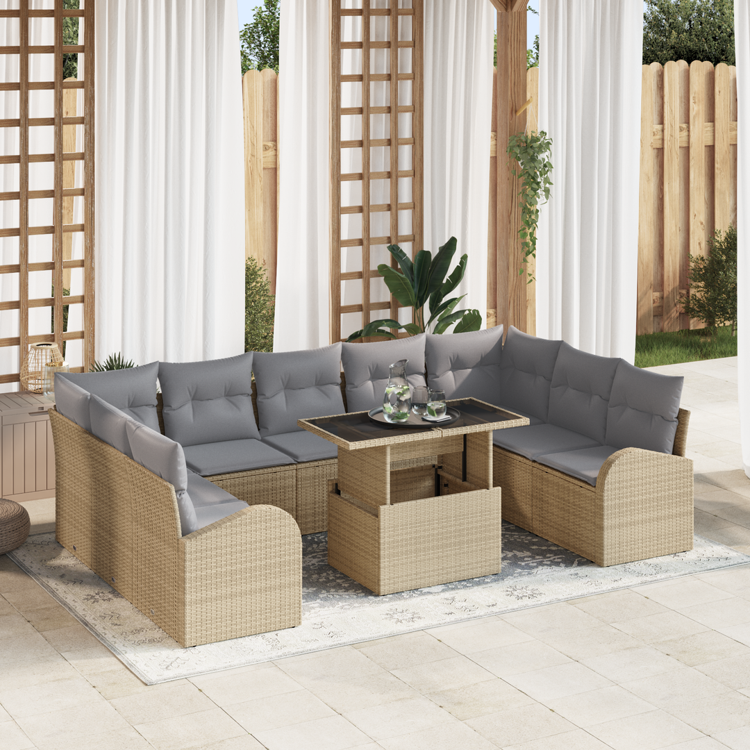 Havesofa Sæt med opbevaring 10 pcs Beige og lys grå polyrattan