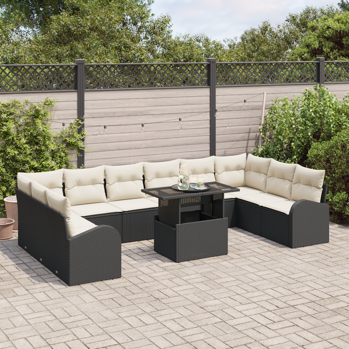 Havesofa Sæt med pude 11 pcs Sort og cremefarvet polyrattan
