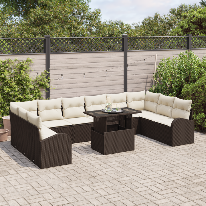 Havesofa Sæt med opbevaring 11 pcs Brun og Creme polyrattan