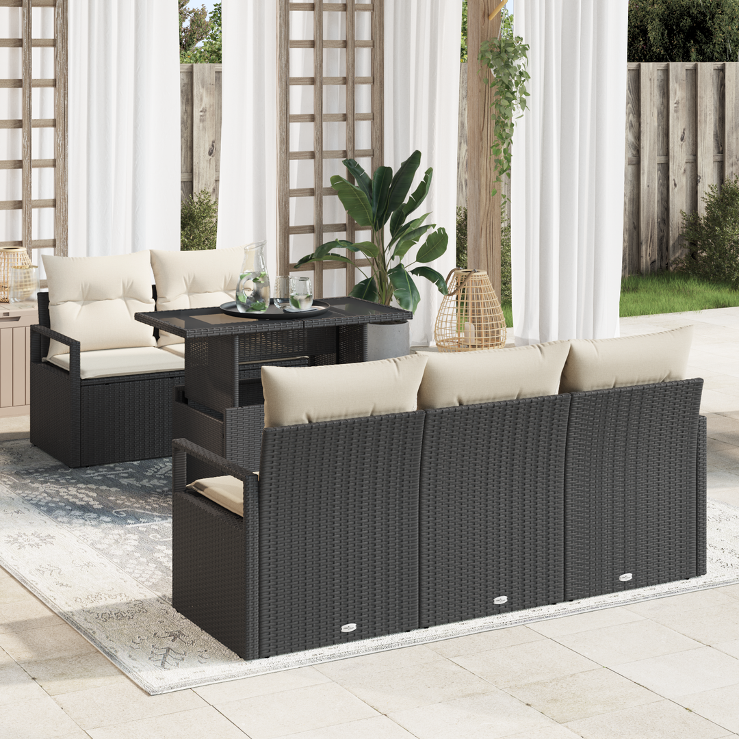 Havesofa Sæt med opbevaring med pude 6 pcs Sort polyrattan