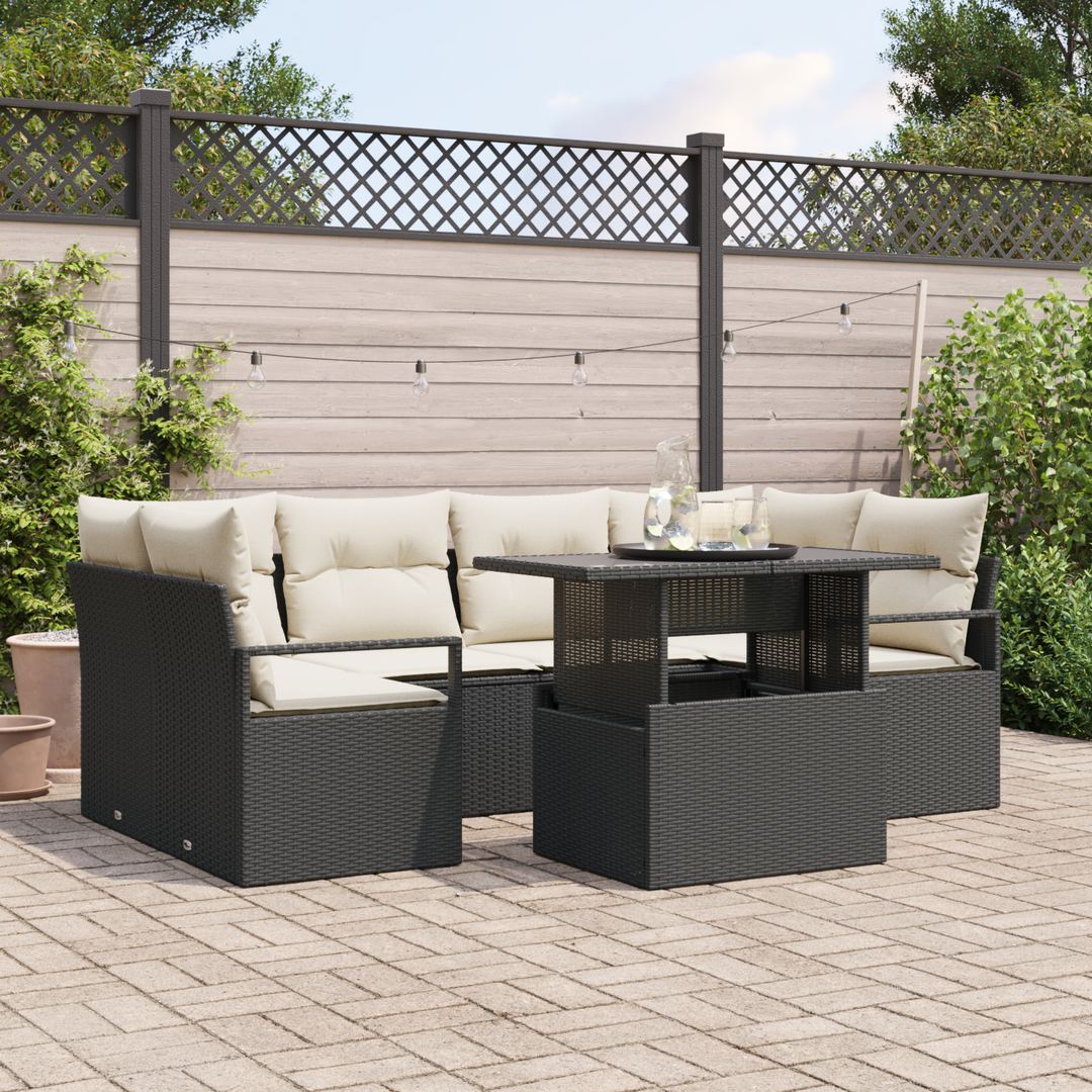 Havesofa Sæt med opbevaring med pude 7 pcs Sort polyrattan