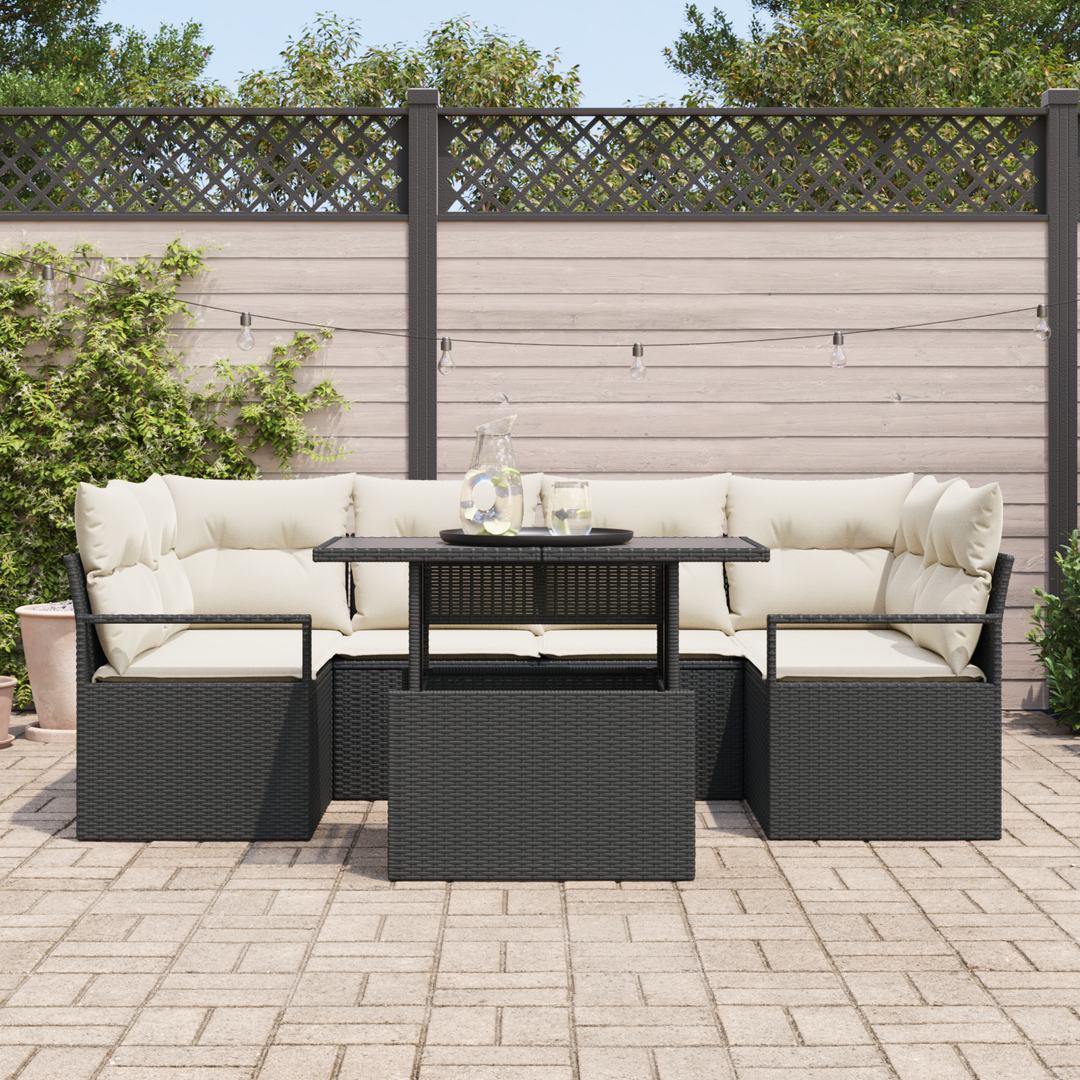 Havesofa Sæt med opbevaring med pude 7 pcs Sort polyrattan