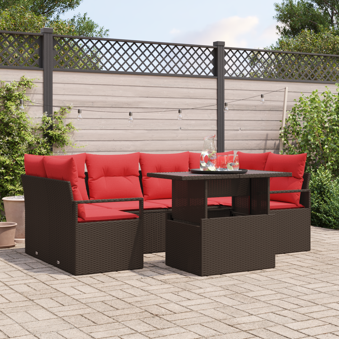 Havesofa Sæt med pude 7 pcs Brun og rød polyrattan