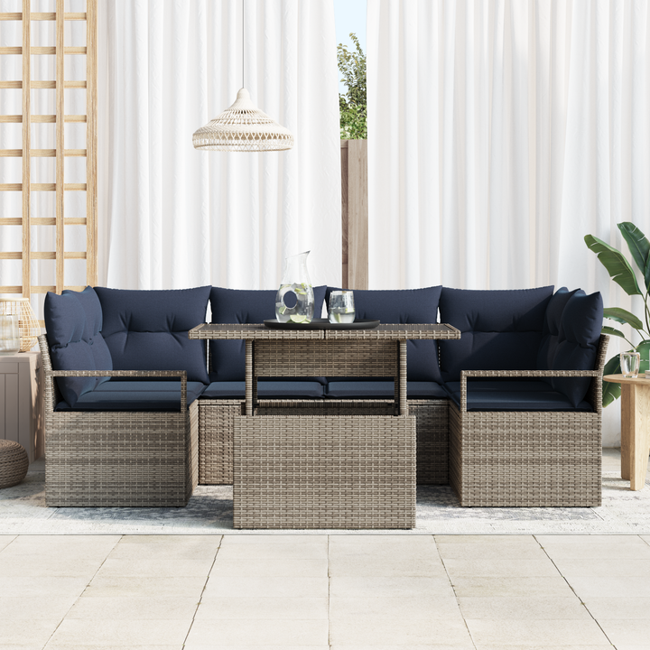 Havesofa Sæt med pude 7 pcs grå og marineblå polyrattan