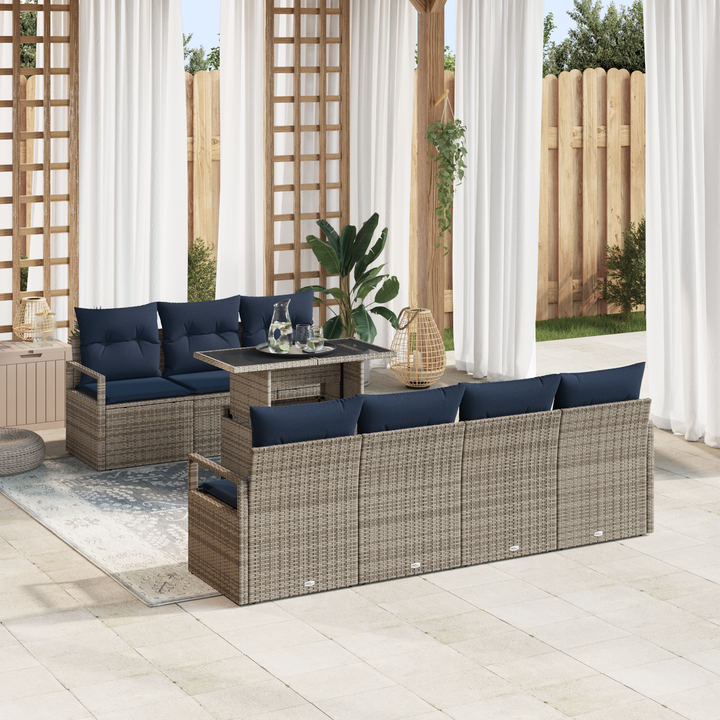 Havesofa Sæt med opbevaring 8 pcs Grå og Marineblå polyrattan