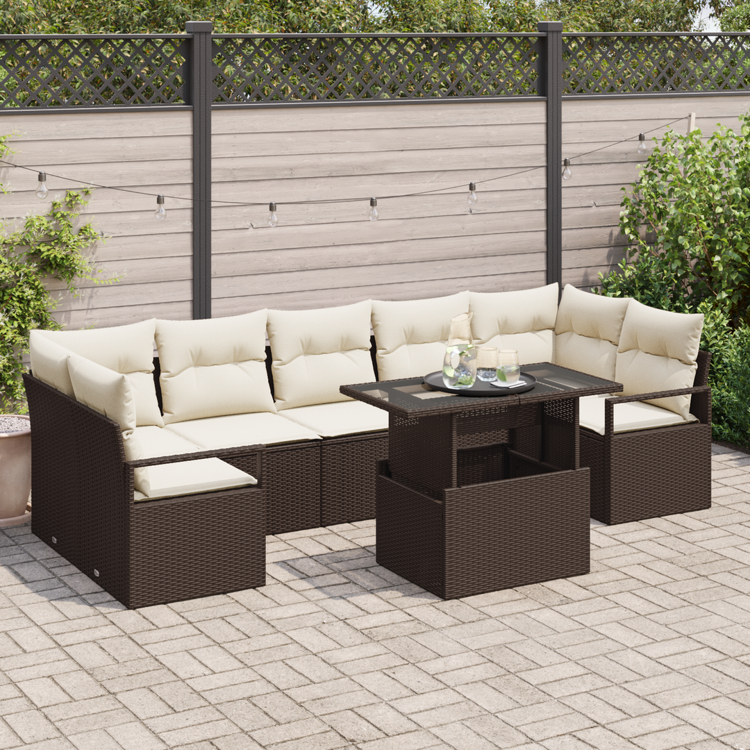 Havesofa Sæt med pude 8 pcs Brun og cremefarvet polyrattan
