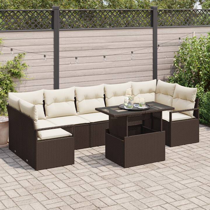 Havesofa Sæt med pude 8 pcs Brun og cremefarvet polyrattan