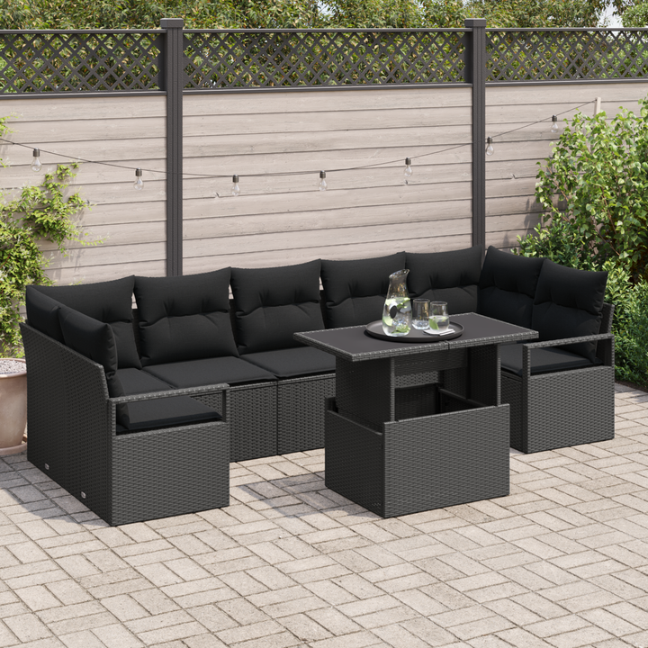 Havesofa Sæt med pude 8 pcs Sort polyrattan