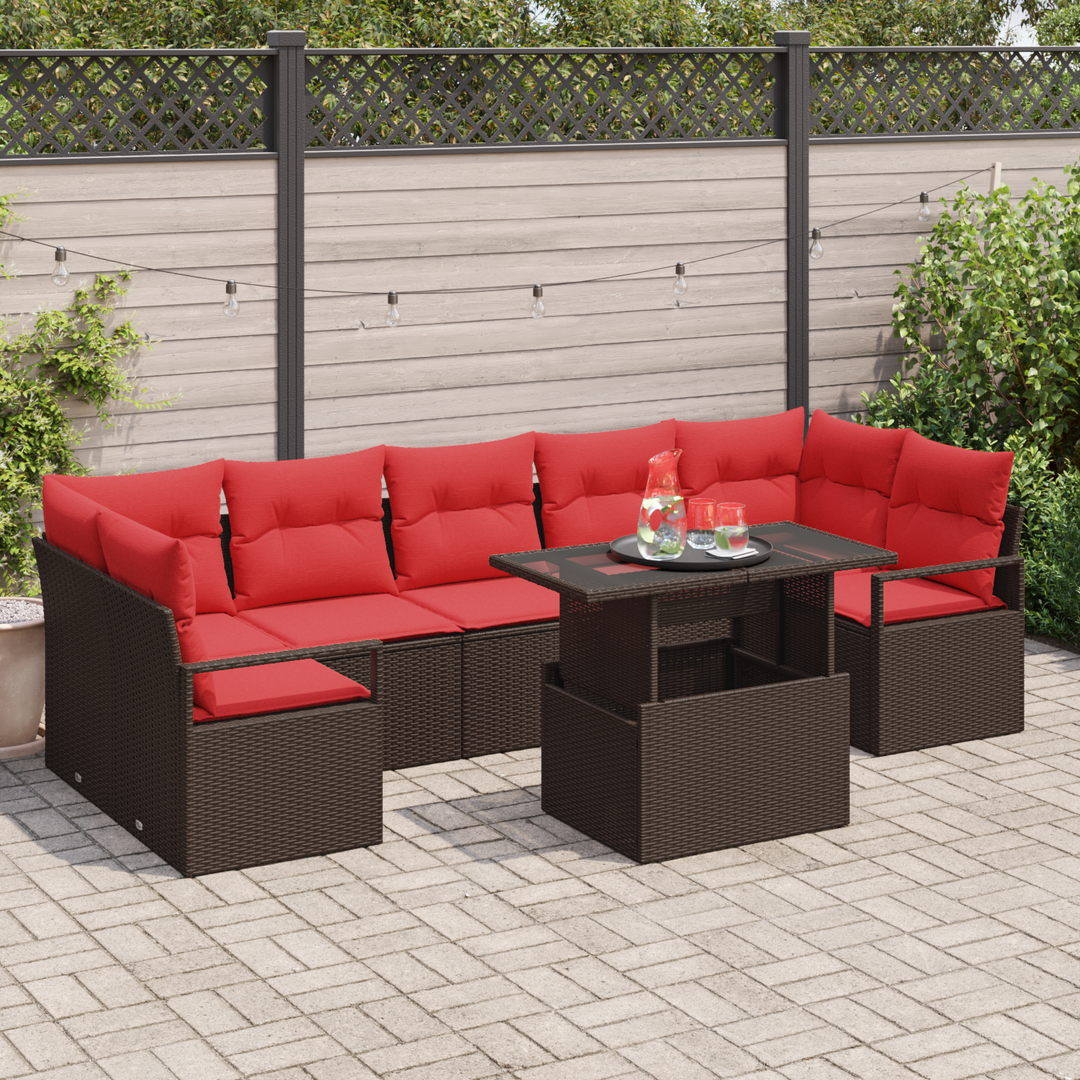 Havesofa Sæt med pude 8 pcs Brun og Rød polyrattan