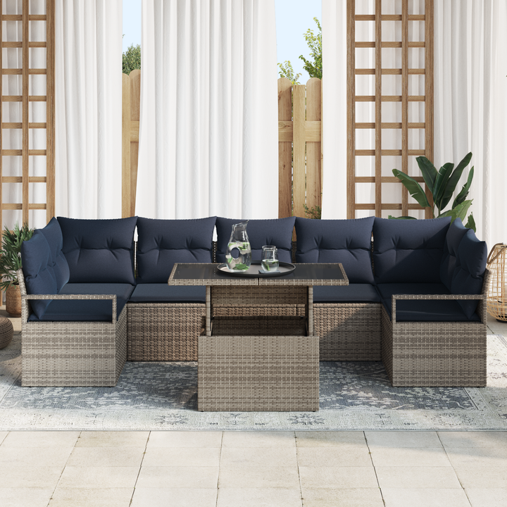 Havesofa Sæt med pude 8 pcs grå og marineblå polyrattan