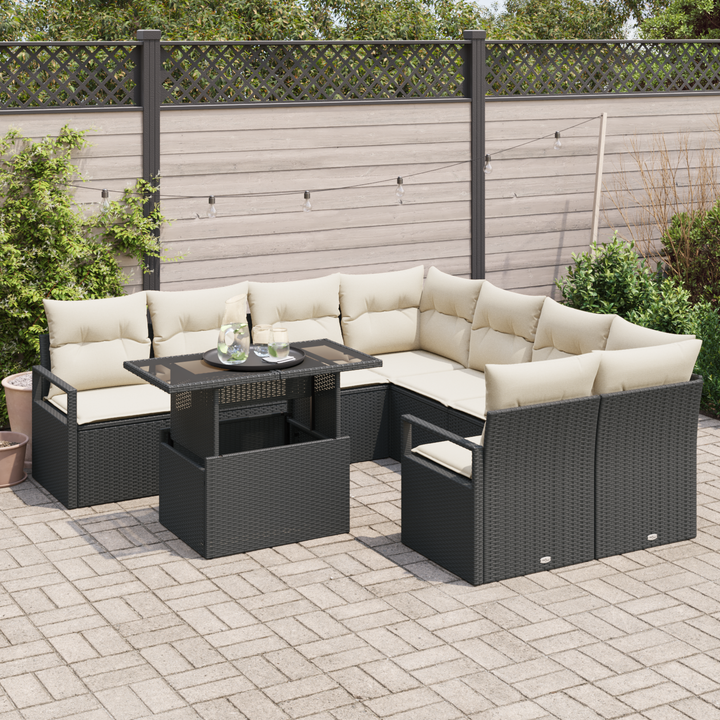 Havesofa Sæt med opbevaring 9 pcs Sort og Cream polyrattan