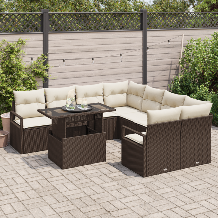 Havesofa Sæt med pude 9 pcs Brun og Creme polyrattan