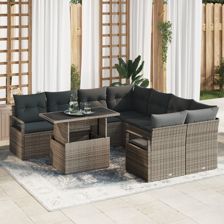 Havesofa Sæt med opbevaring med pude 9 pcs Grå polyrattan