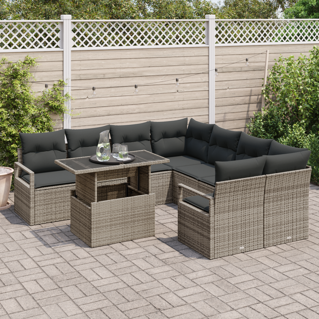 Havesofa Sæt med opbevaring med pude 9 pcs Grå polyrattan