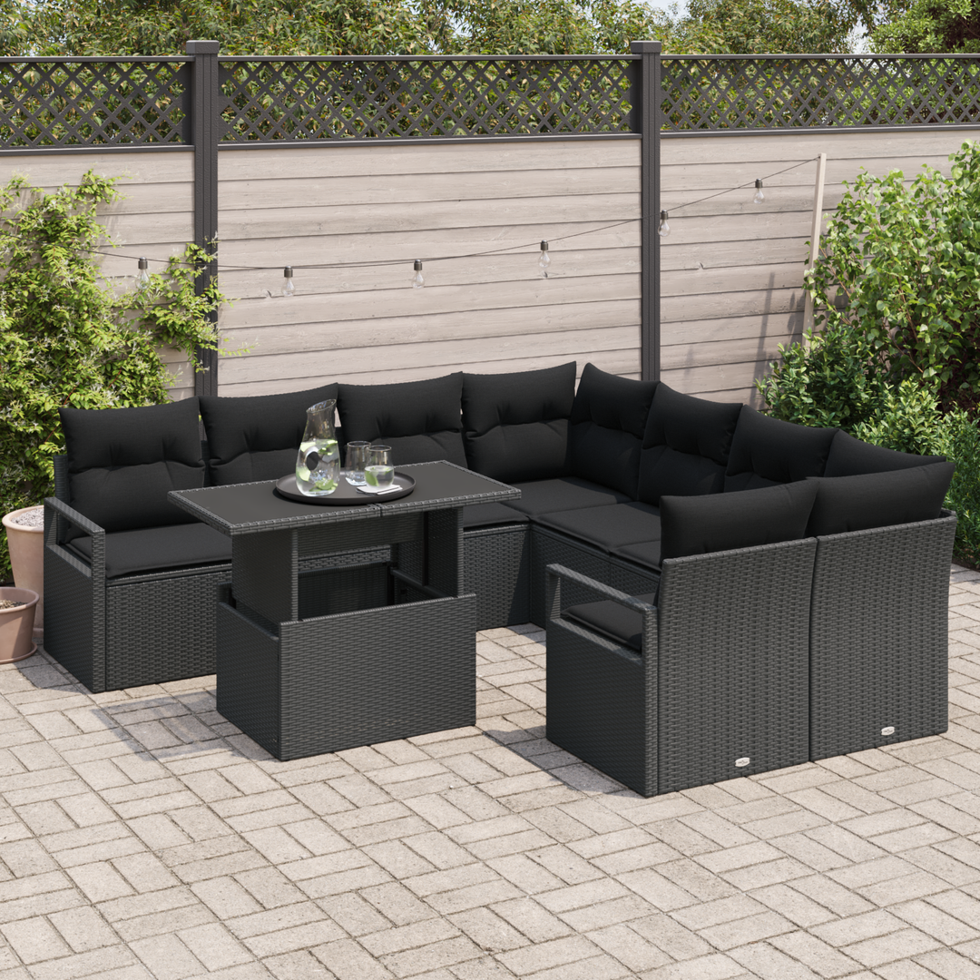 Havesofa Sæt med pude 9 pcs Sort polyrattan