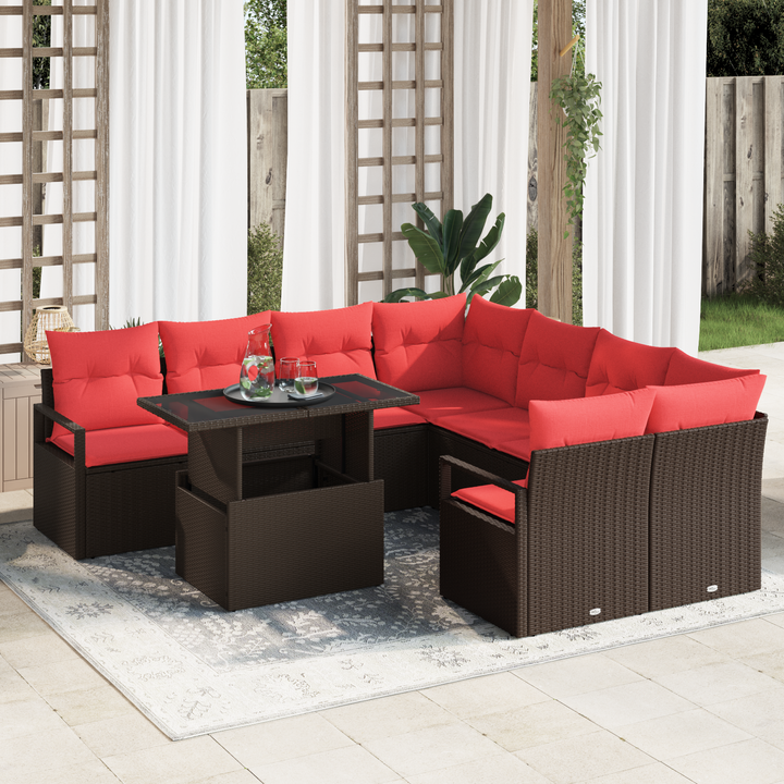 Havesofa Sæt med opbevaring 9 pcs Brun og Rød polyrattan