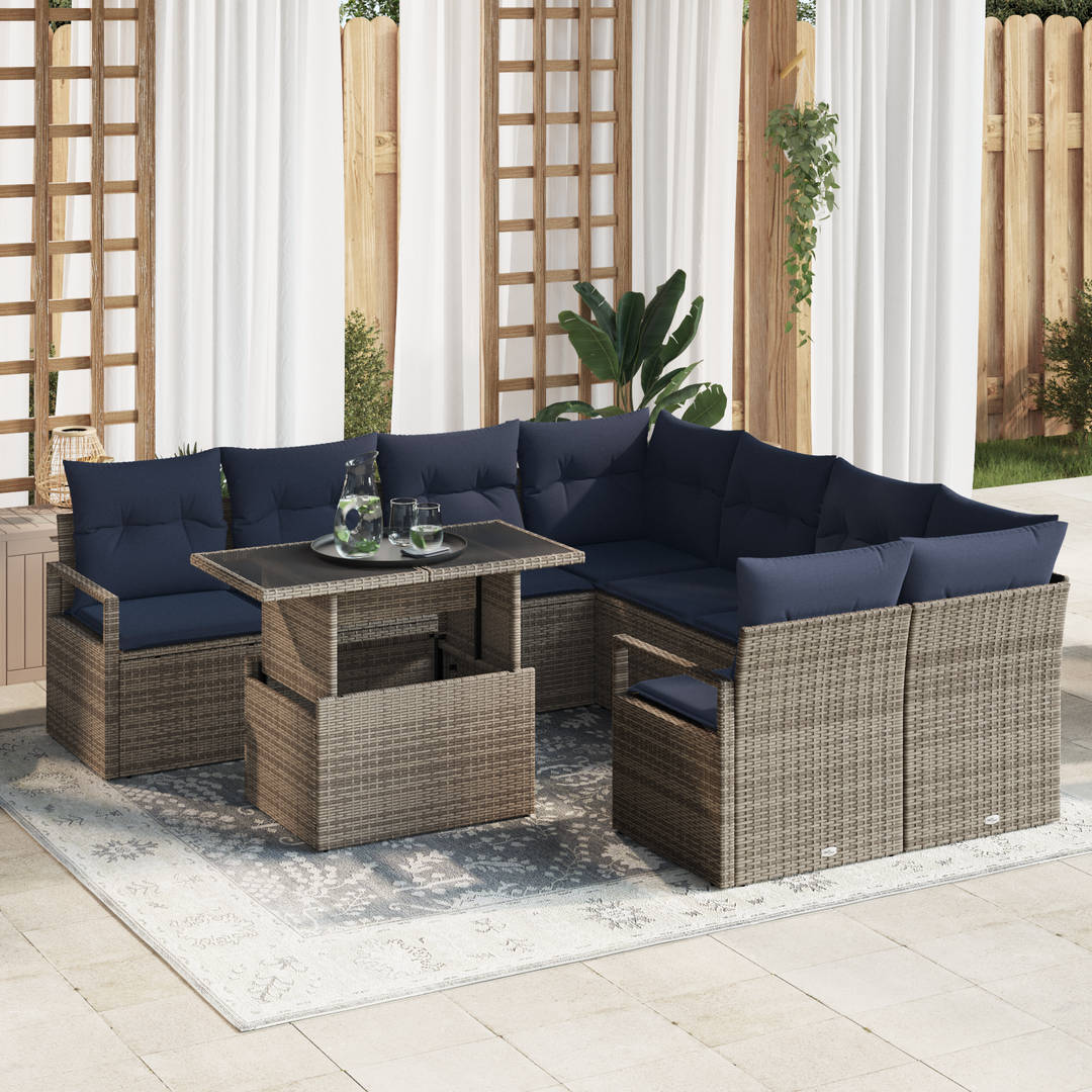 Havesofa Sæt med opbevaring 9 pcs Grå og Marineblå polyrattan