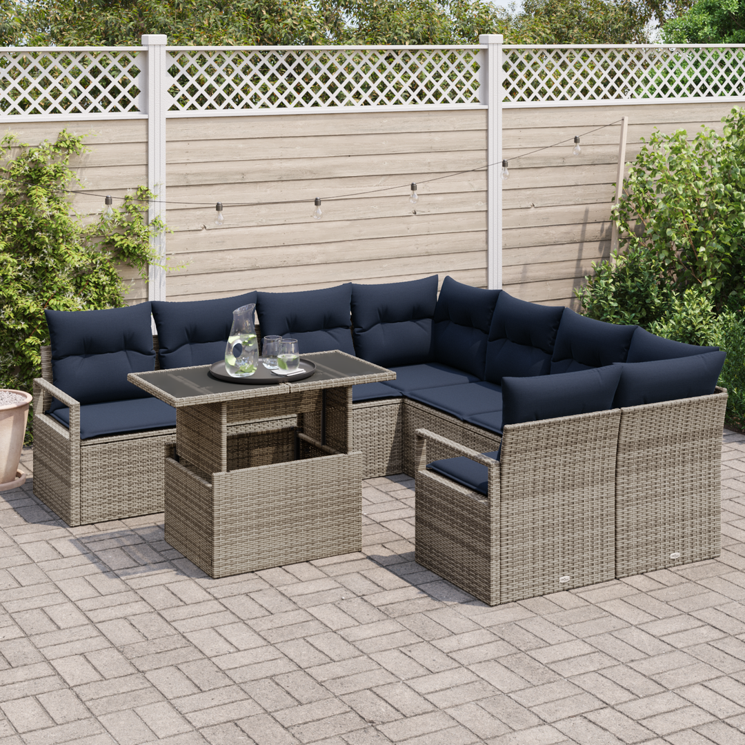 Havesofa Sæt med opbevaring 9 pcs Grå og Marineblå polyrattan