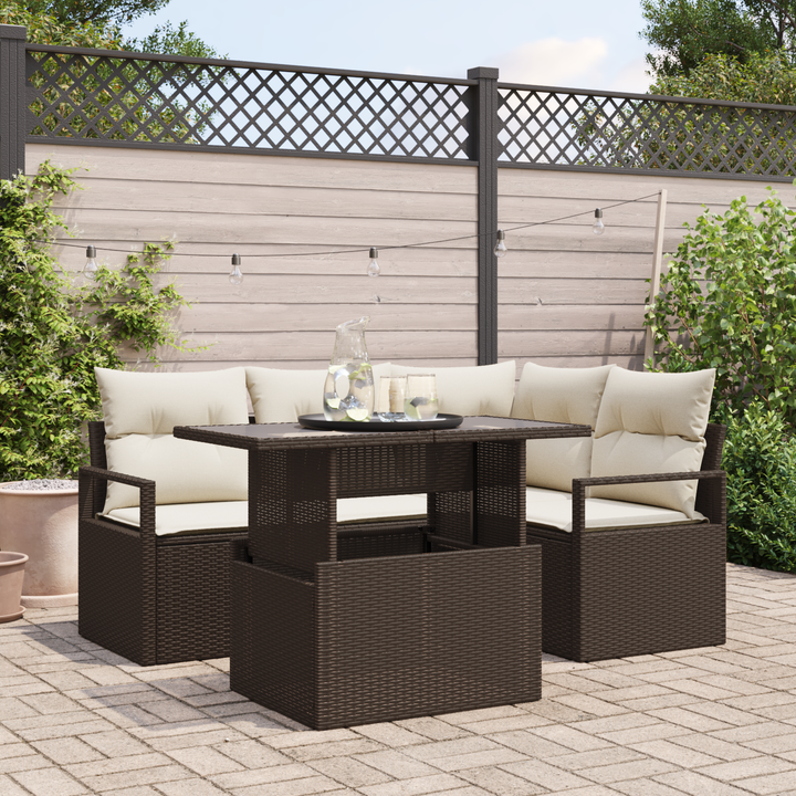 Havesofa Sæt med pude 5 pcs Brun og Creme polyrattan