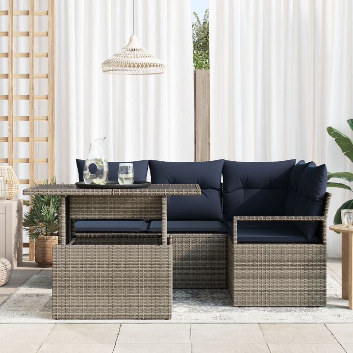 Havesofa Sæt med pude 5 pcs Grå og Marineblå polyrattan