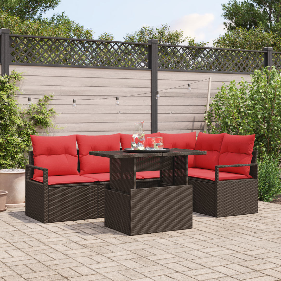 Havesofa Sæt med pude 6 pcs Brun og Rød polyrattan