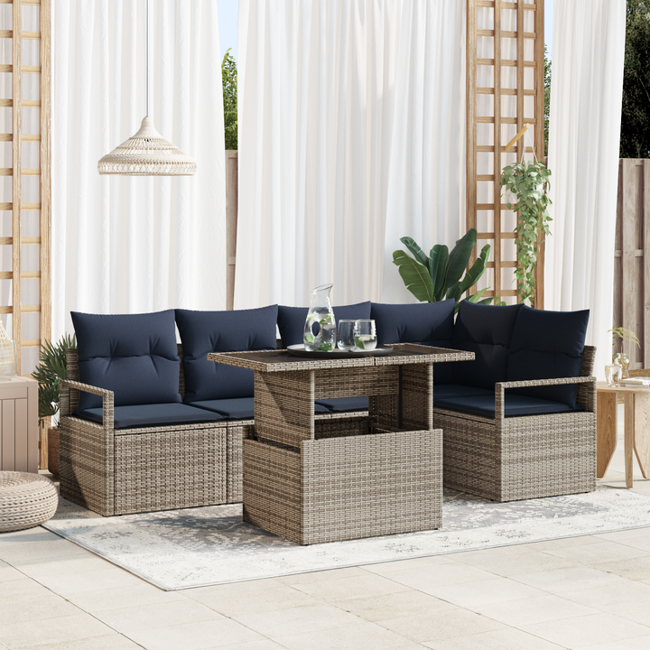 Havesofa Sæt med opbevaring 6 pcs Grå og Marineblå polyrattan