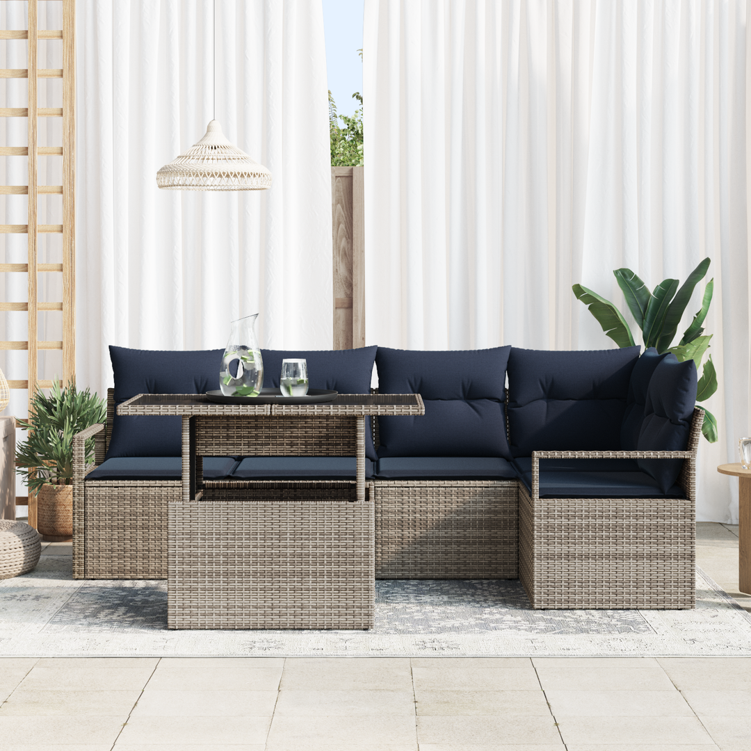 Havesofa Sæt med opbevaring 6 pcs Grå og Marineblå polyrattan