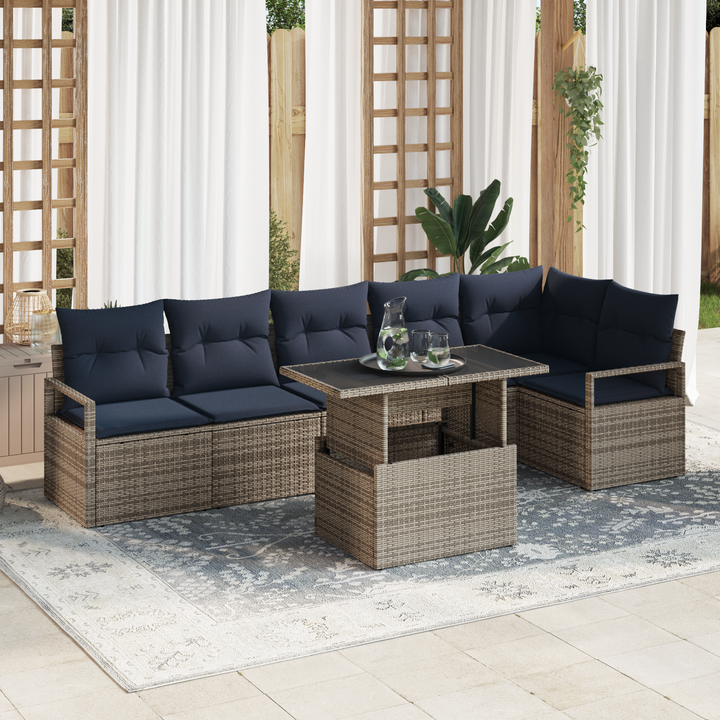 Havesofa Sæt med opbevaring 7 pcs Grå og Marineblå polyrattan