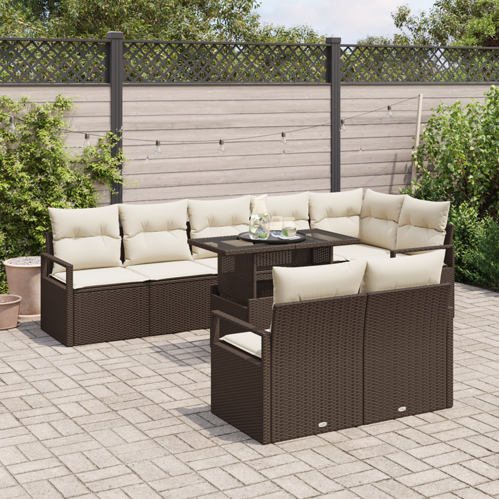 Havesofa Sæt med pude 9 pcs Brun og cremefarvet polyrattan