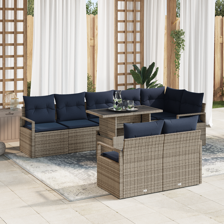Havesofa Sæt med pude 9 pcs Grå og Marineblå polyrattan