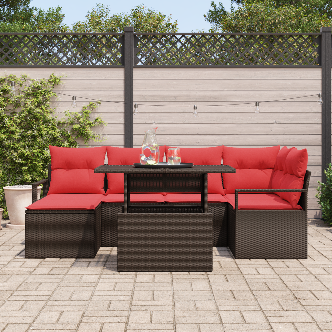 Havesofa Sæt med opbevaring 7 pcs Brun og Rød Poly rattan