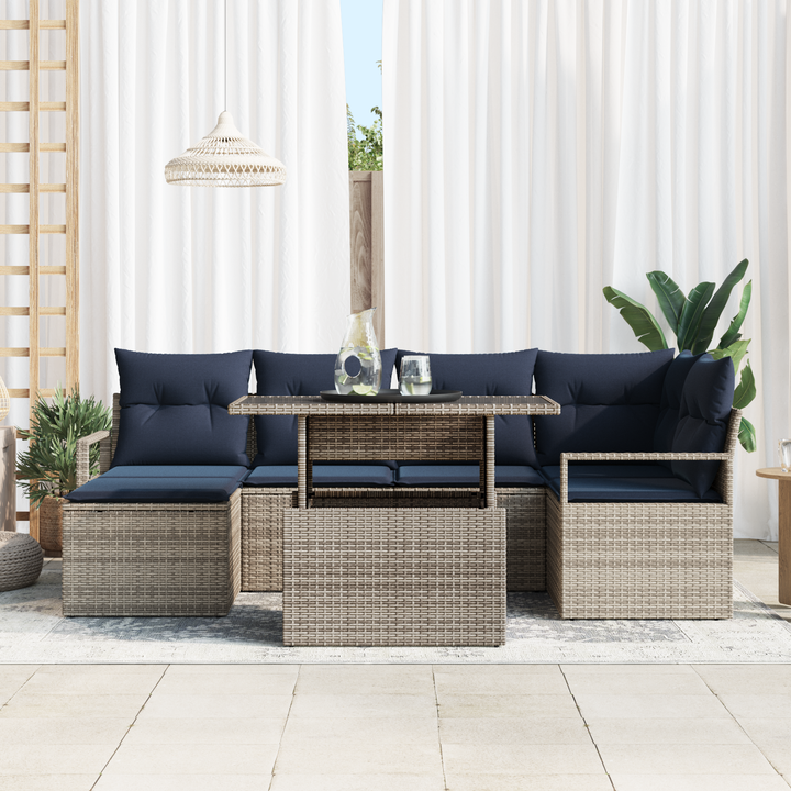 Havesofa Sæt med opbevaring 7 pcs Grå og Marineblå Poly rattan