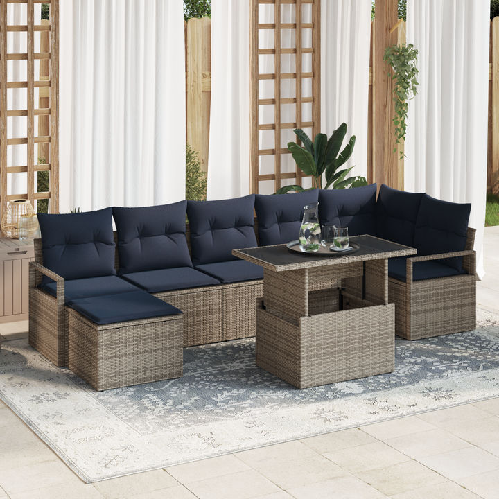 Havesofa Sæt med opbevaring 8 pcs Grå og Marineblå polyrattan