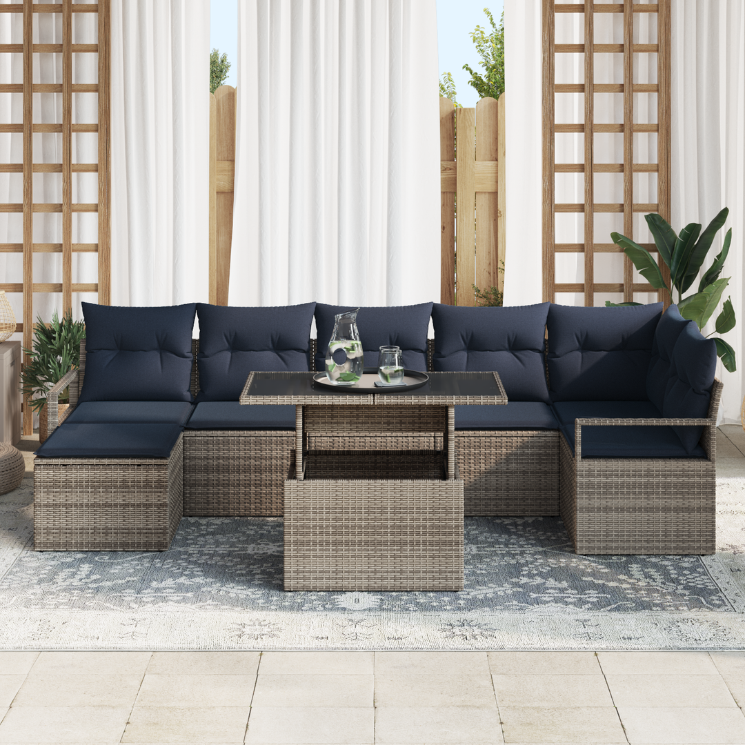 Havesofa Sæt med opbevaring 8 pcs Grå og Marineblå polyrattan