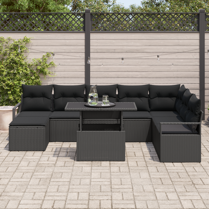 Havesofa Sæt 9 pcs Sort Polyrattan og pulverlakeret stål