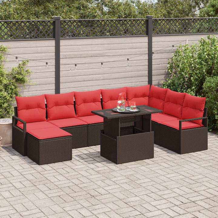 Havesofa Sæt med pude 9 pcs Brun og Rød polyrattan