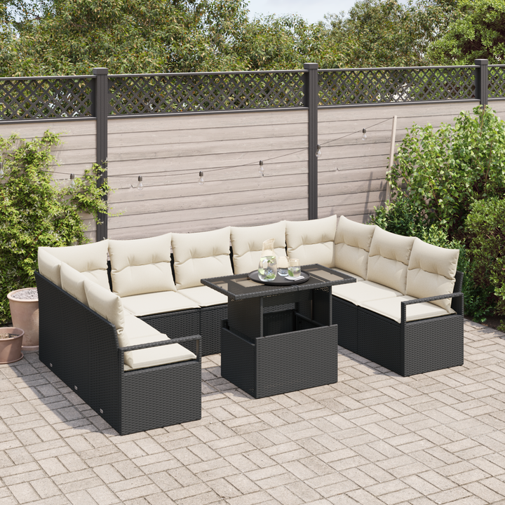 Havesofa Sæt med pude 10 pcs Sort og cremefarvet polyrattan