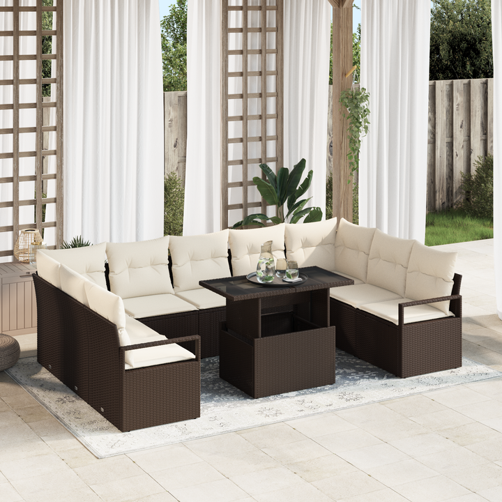 Havesofa Sæt med pude 10 pcs Brun og Creme polyrattan