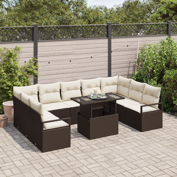Havesofa Sæt med pude 10 pcs Brun og Creme polyrattan