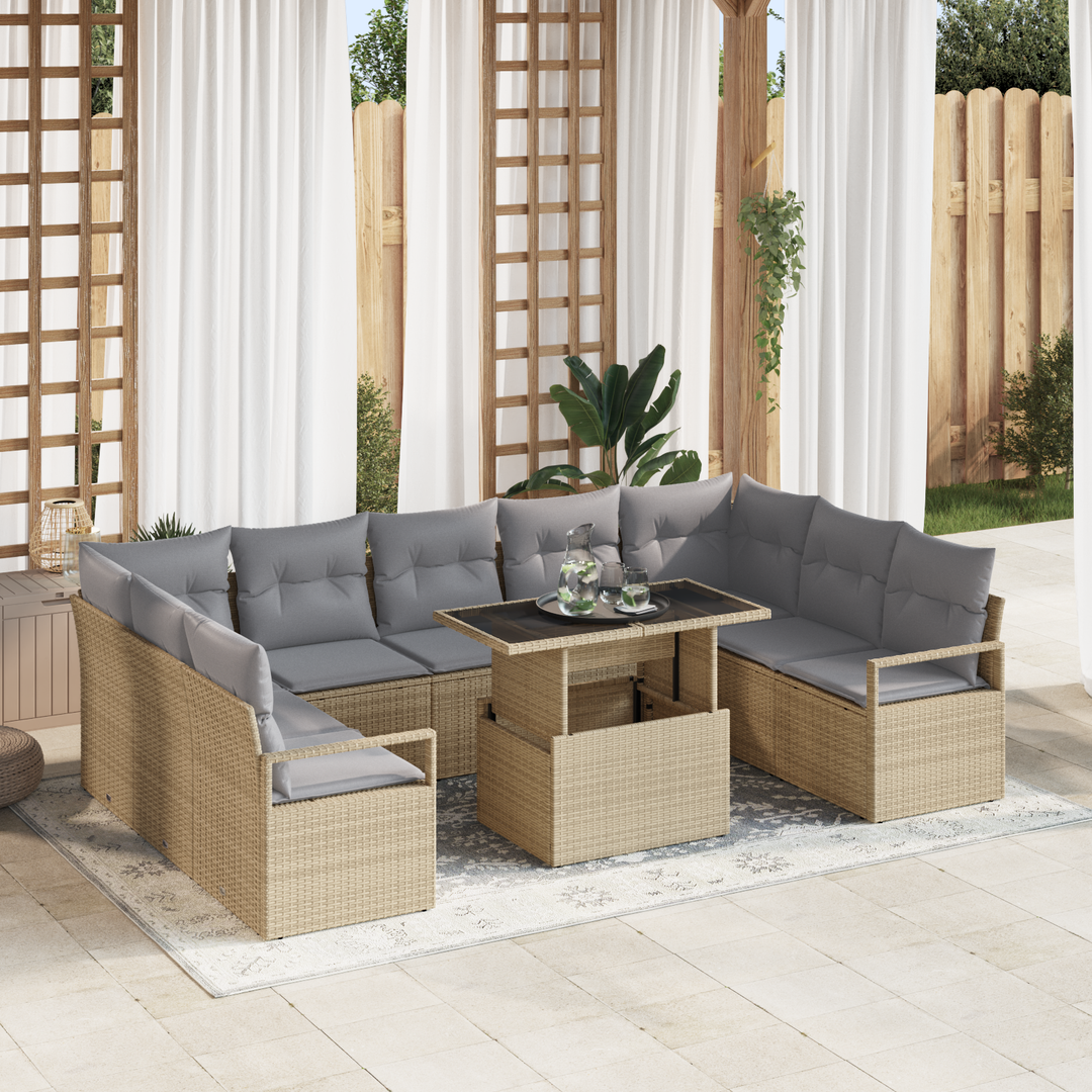 Havesofa Sæt med pude 10 pcs beige og lysegrå polyrattan